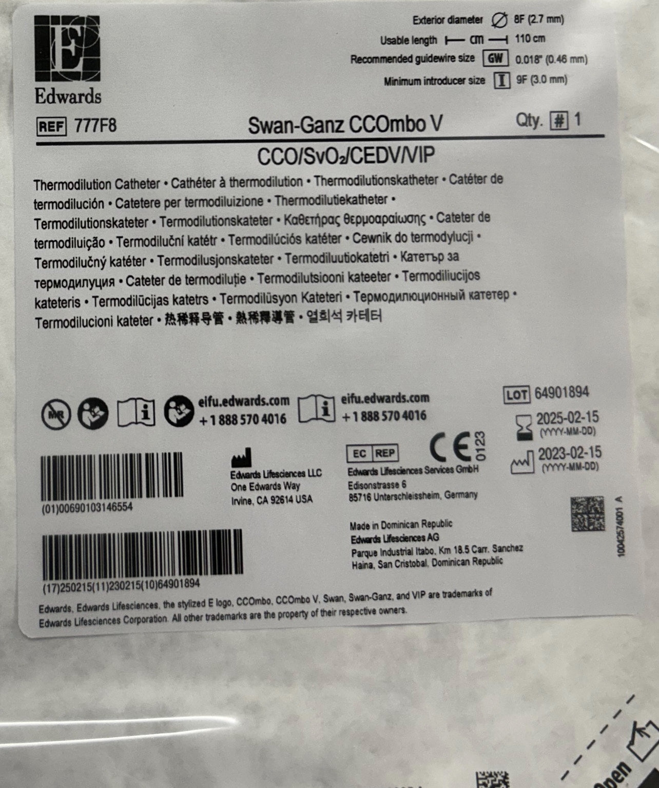 Edwards Lifesciences 777F8 Swan-Ganz Pulmonary Artery Catheter