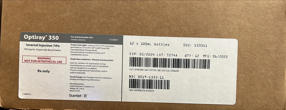 NDC 0019-1333-11, Optiray 350, 350 mg / ml, bottle 100 mL 12/cs ...